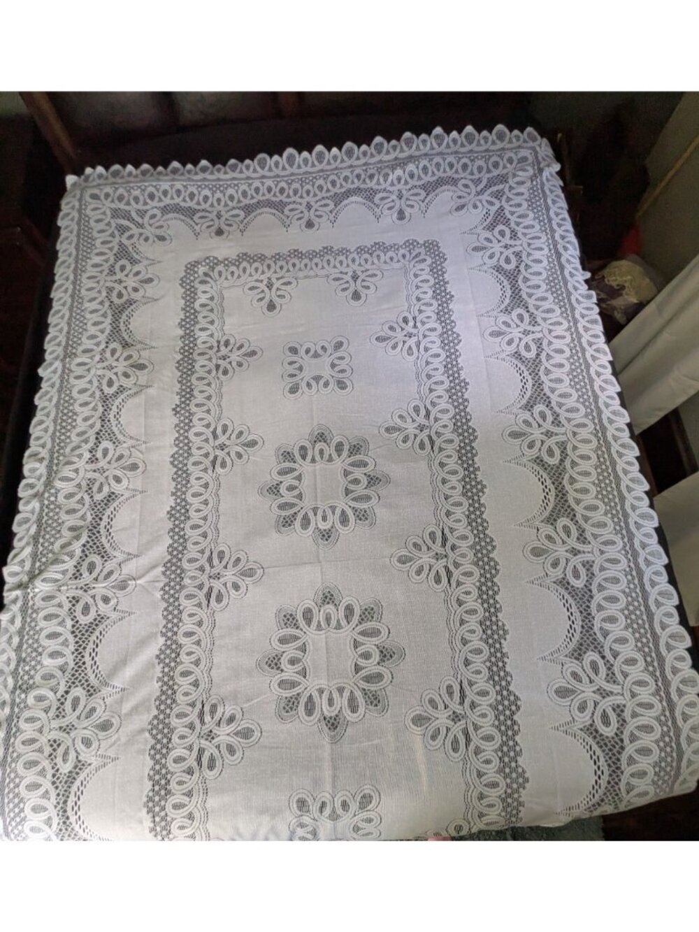 Vintage Battenburg Lace Tablecloth White Rectangular Scalloped Edge 60x106"